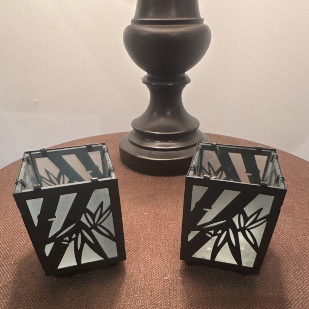 Layner's Bamboo Black Metal Frosted Glass Votive Candle Holders Set of 2